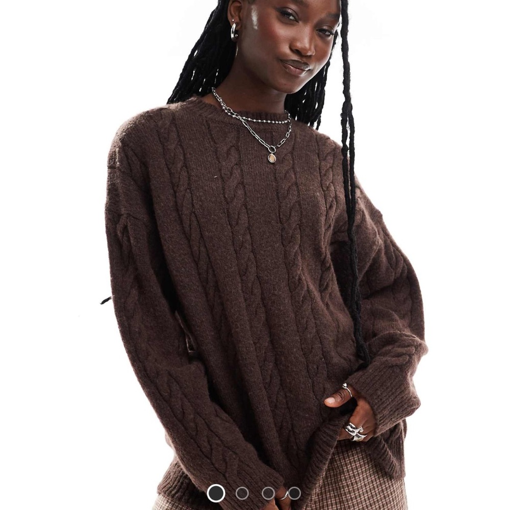 Collusion oversized crew neck cable knit sweater in brown
